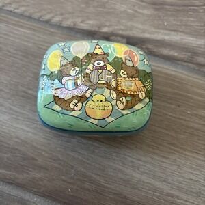 Vintage Lacquer Paper Mache Trinket Box Made in India Blue Teddy Bear Picnic